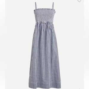 J. Crew Gingham Smocked Spaghetti Strap Midi Dress Navy and White NWT
